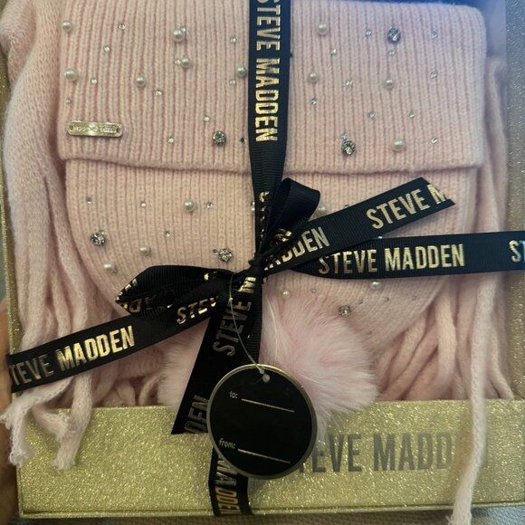 Steve Madden Women's 2-Pc. Embellished Beanie & Scarf Boxed Gift Set - Blush - Picture 3 of 5